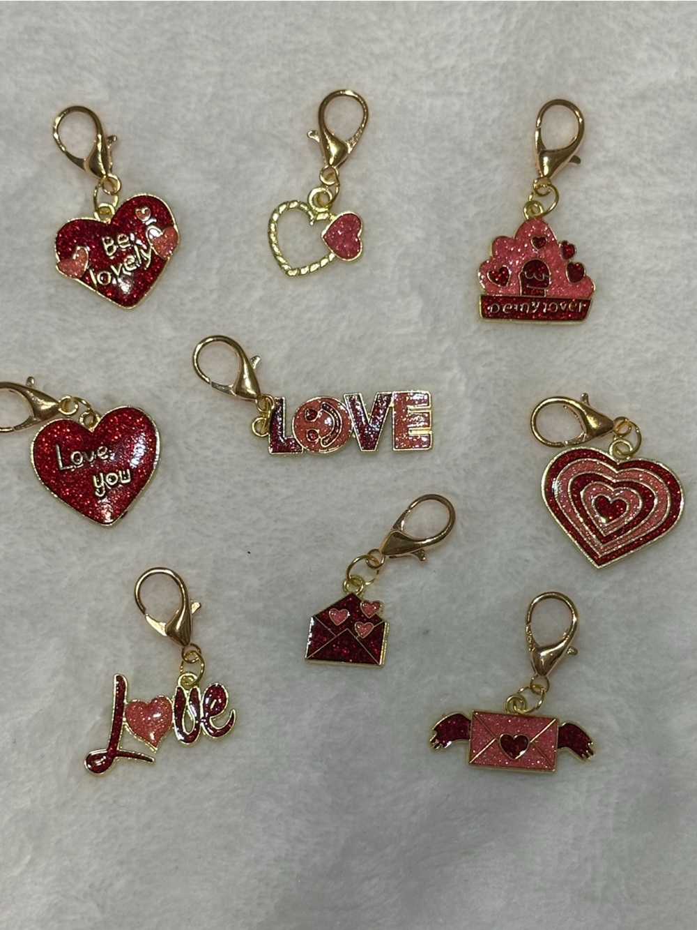 9pc Red Pink Heart & Love Glitter Enamel Lobster Clasp Charms
